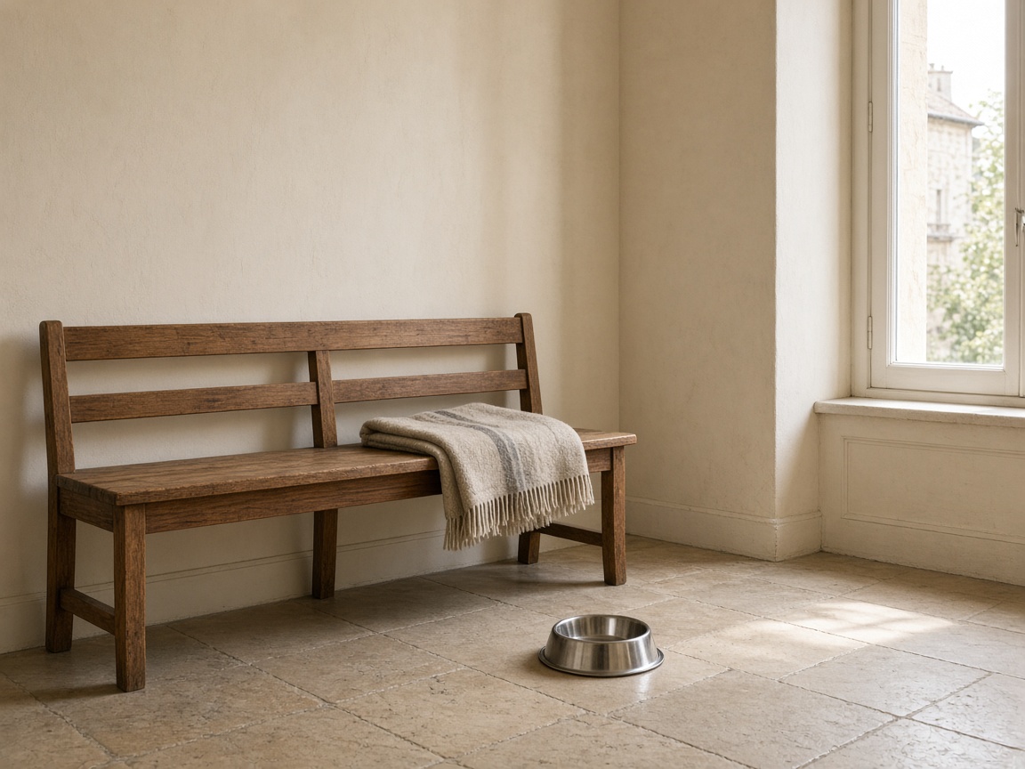 Banc d'attente en bois, plaid plié et gamelle d'eau au sol