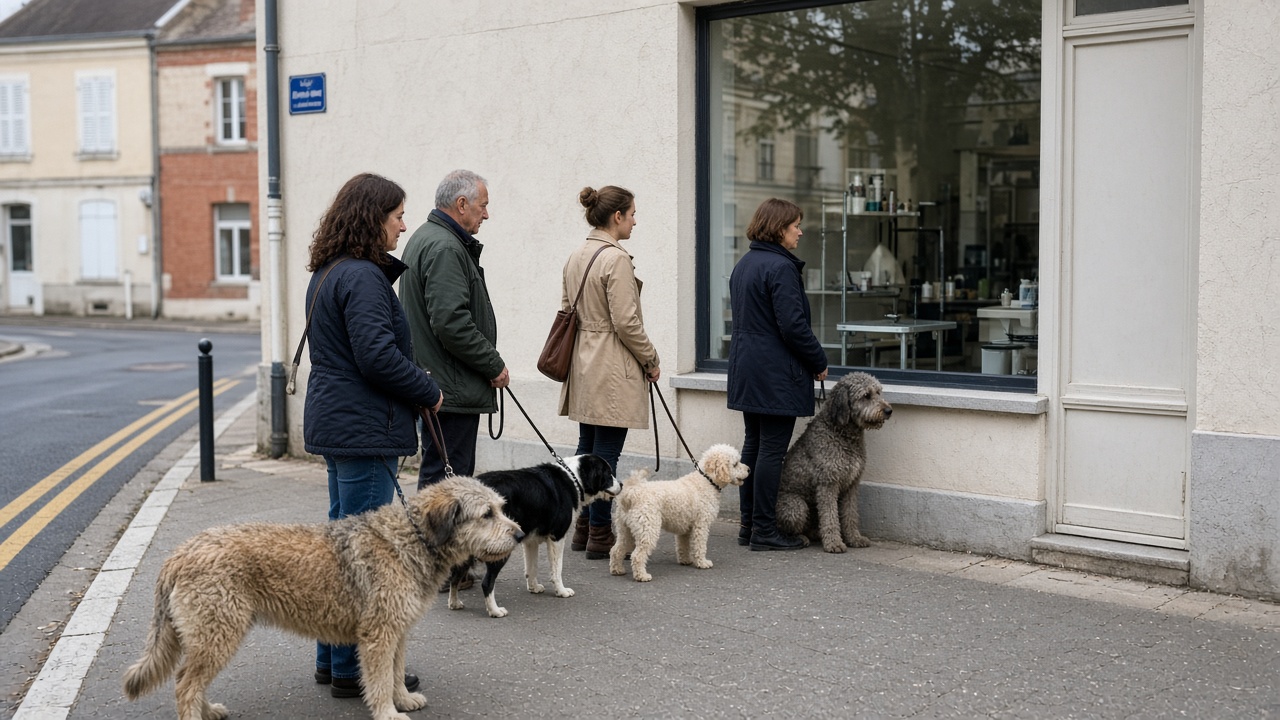 Personnes avec leurs chiens en laisse attendant sur le trottoir devant le salon