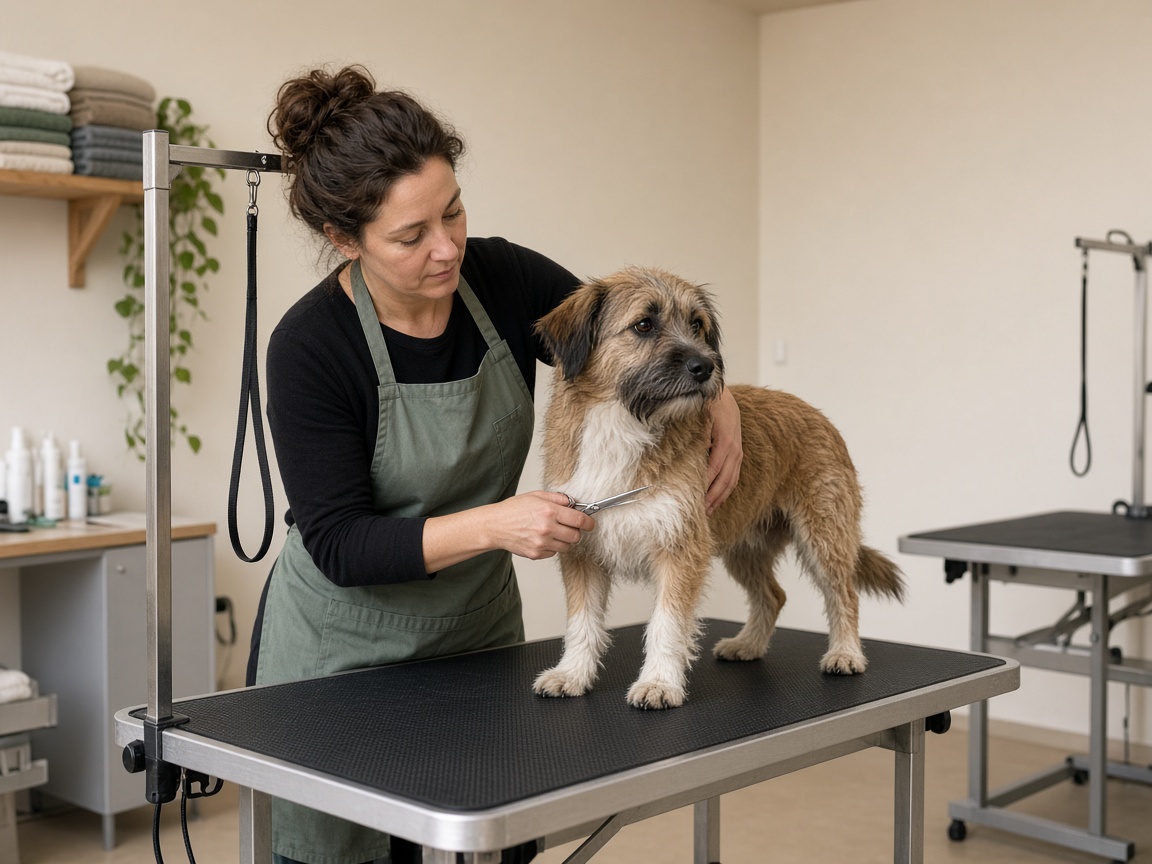 Toiletteuse au travail sur un chien posé sur la table