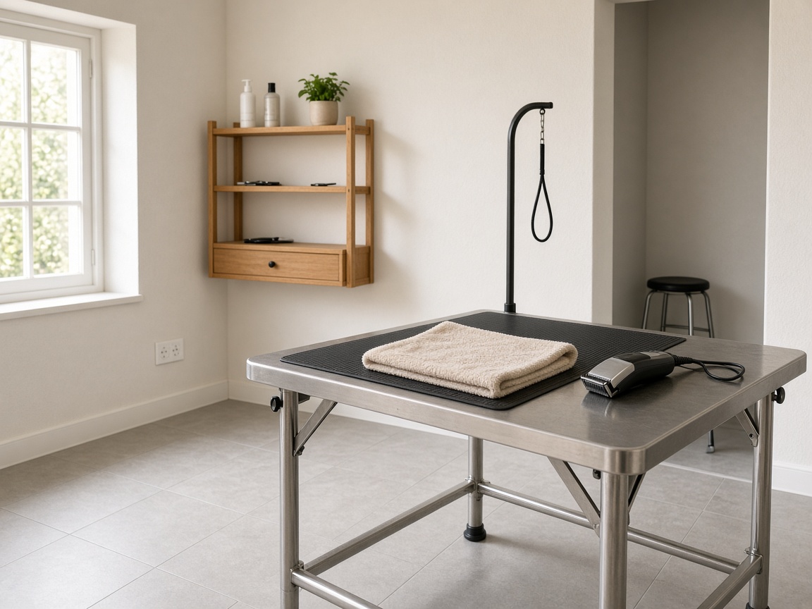 Table de toilettage vide, serviette pliée